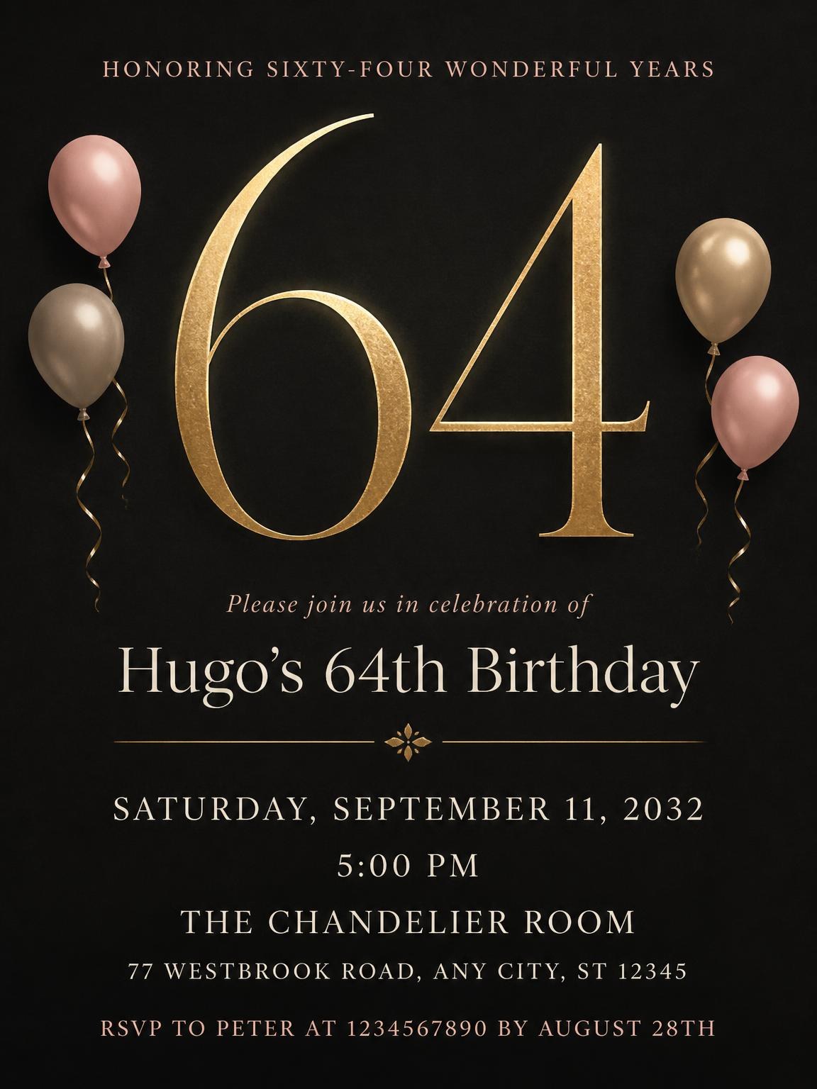 Charcoal and Blush 64th Birthday Invitation