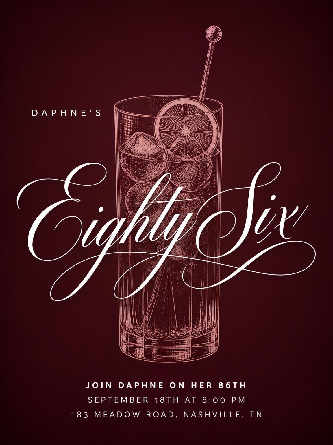 Burgundy Cocktail 86th Birthday Invitation