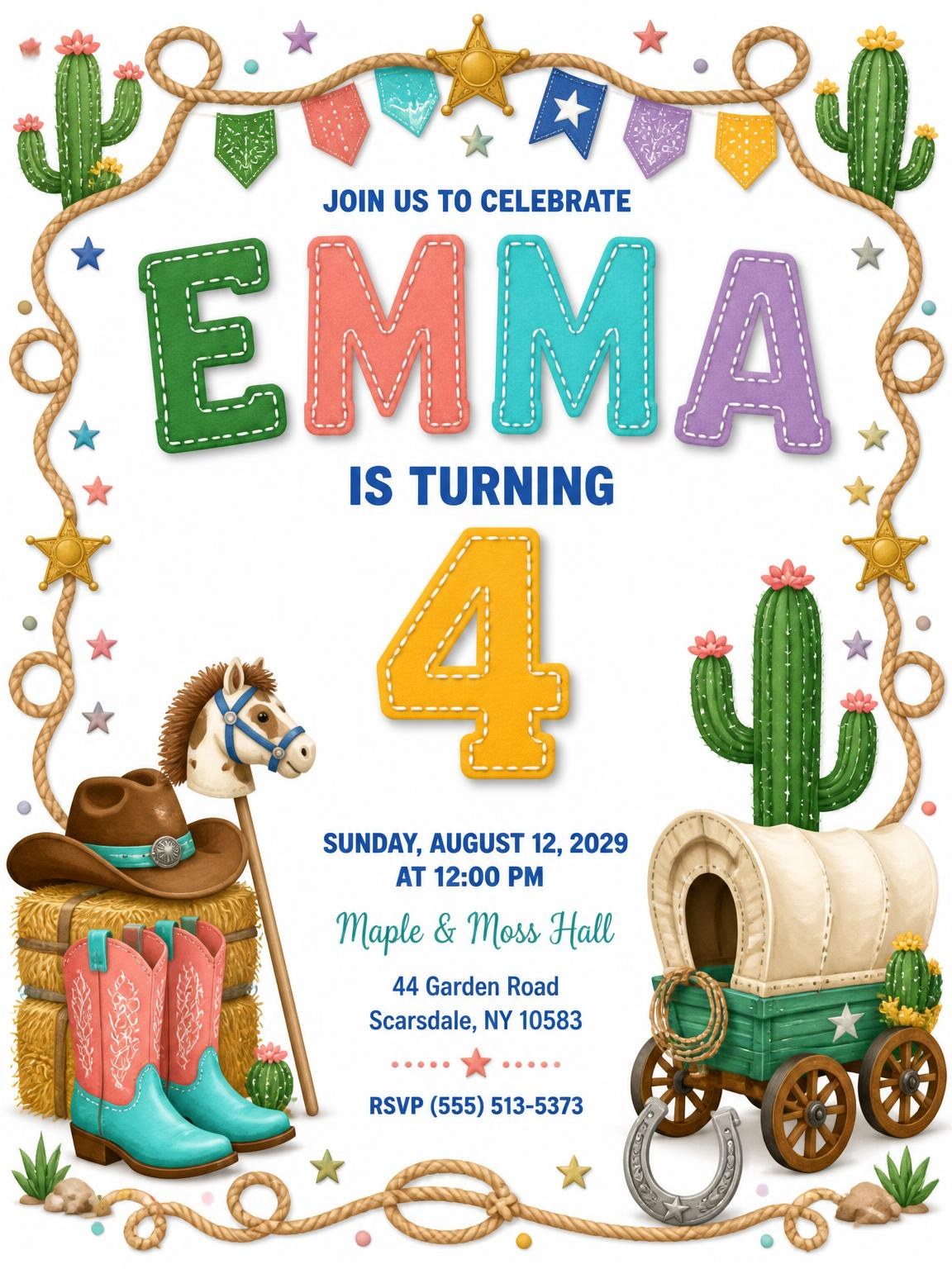 Stitched Cowboy 4th Birthday Invitation