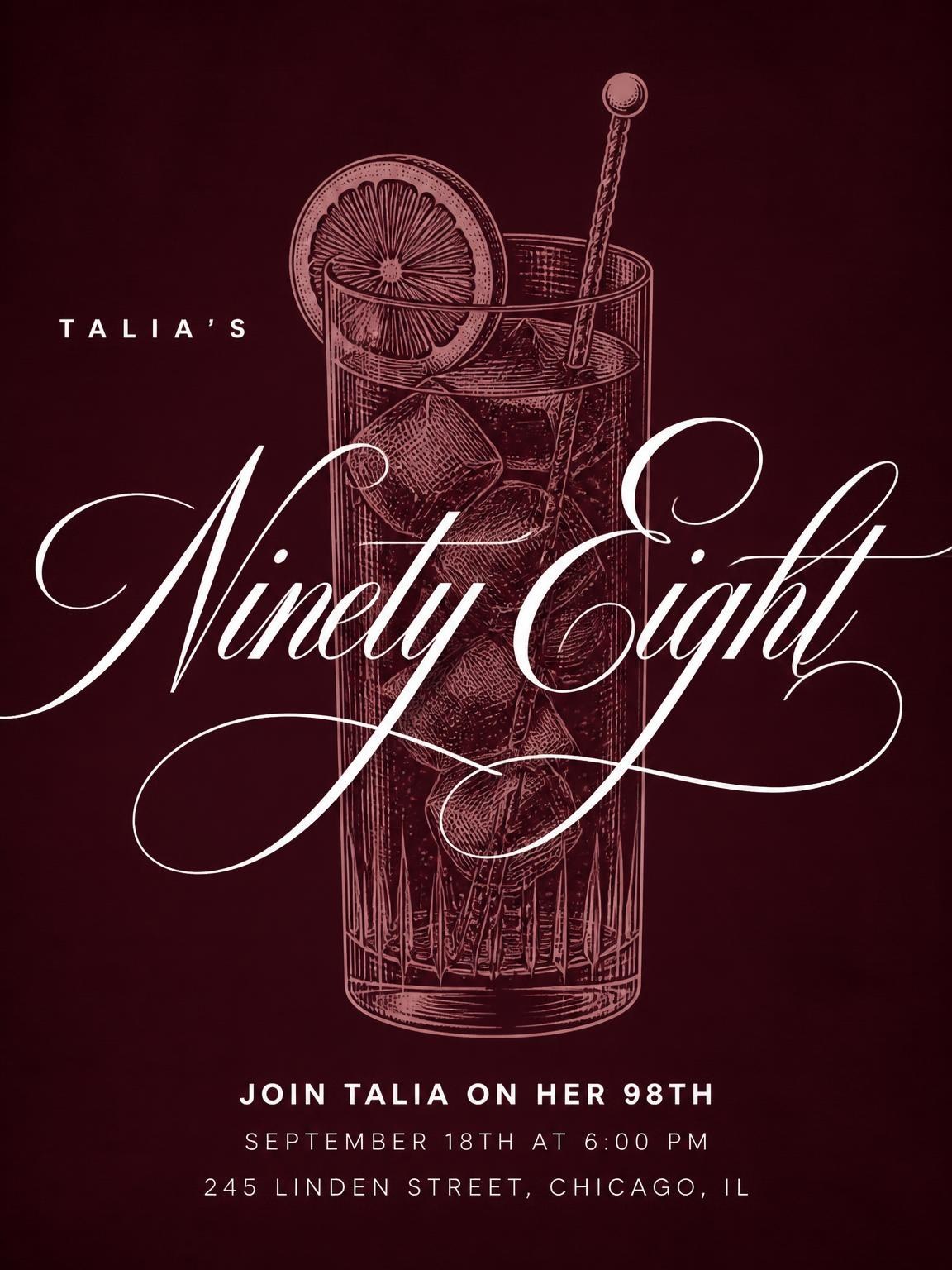 Burgundy Cocktail 98th Birthday Invitation