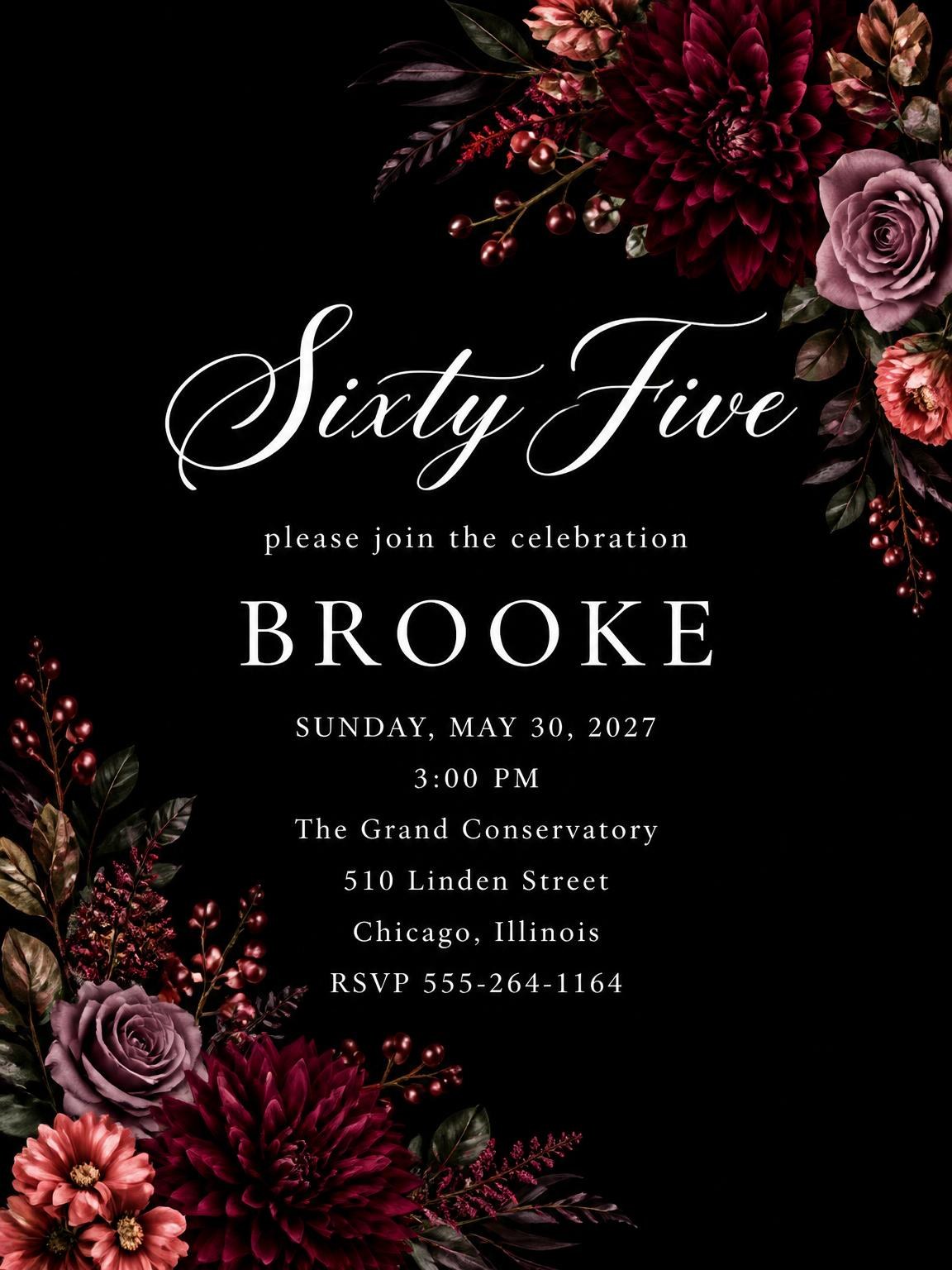 Black Floral 65th Birthday Invitation