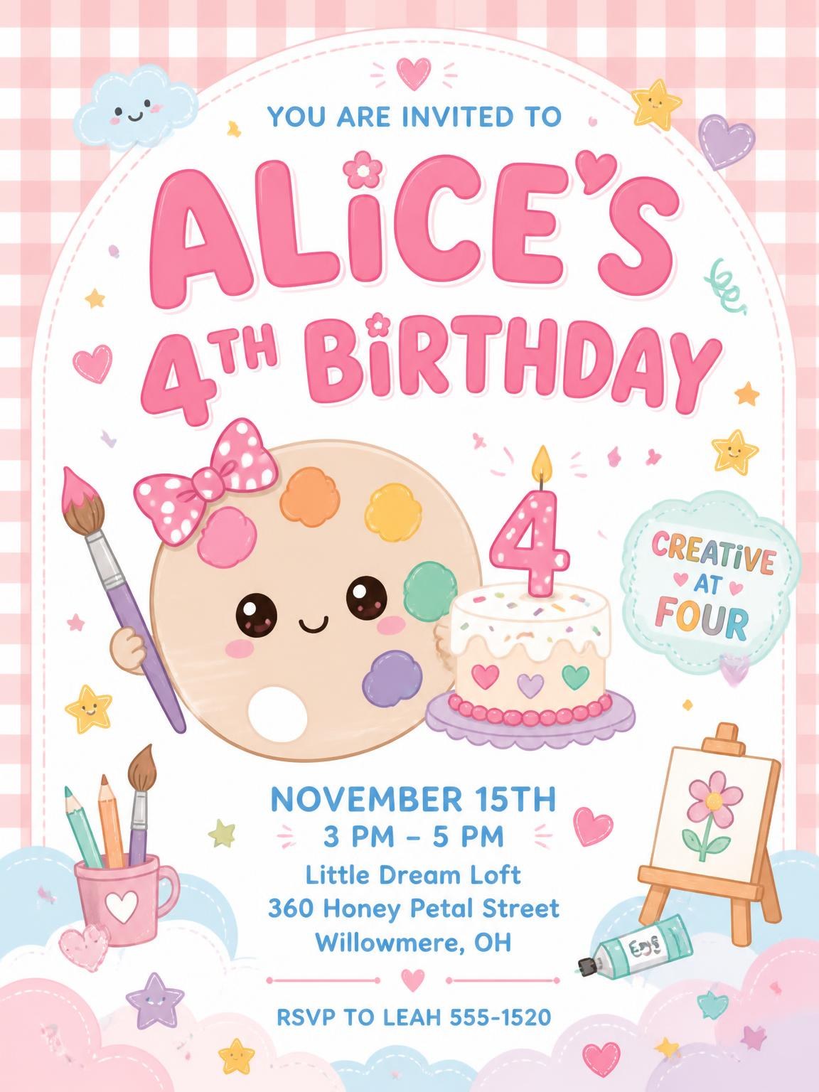 Paint Palette Kawaii 4th Birthday Invitation