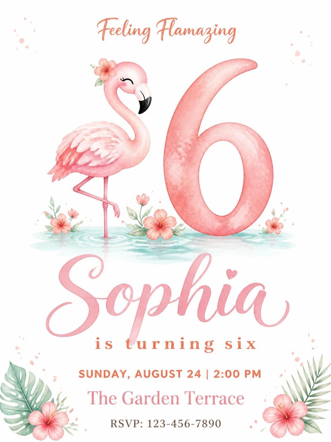 Watercolor Flamingo Tropical 6th Birthday