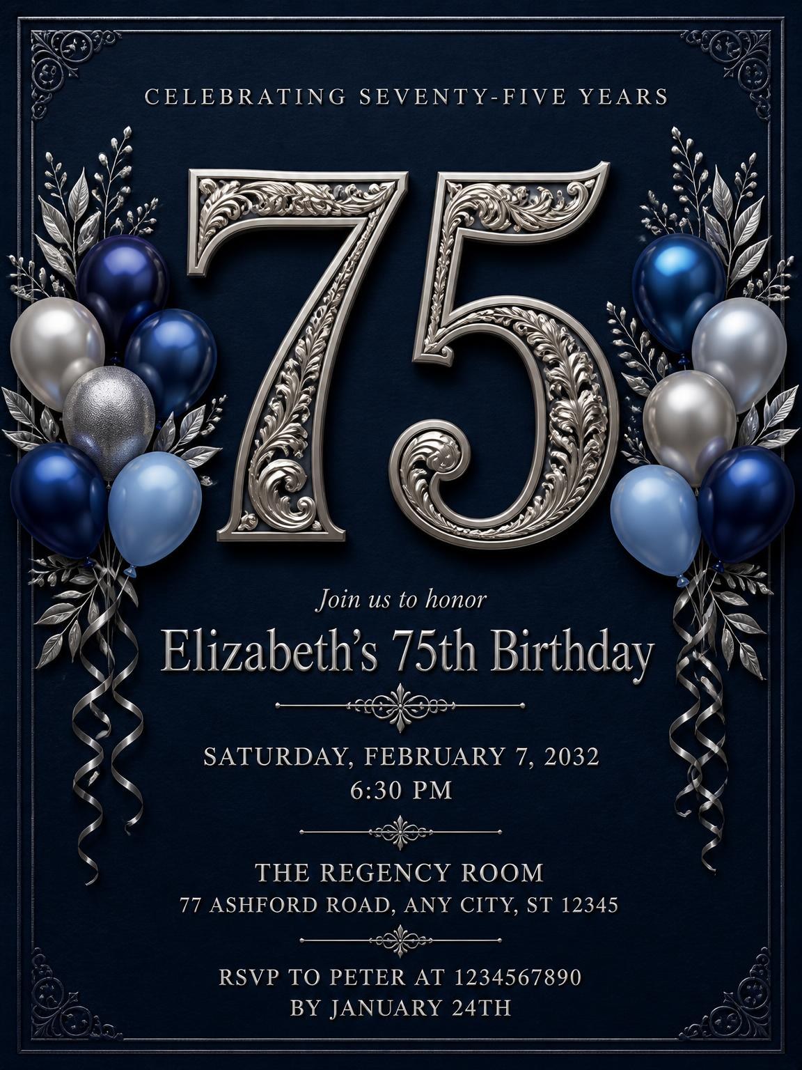Navy and Silver 75th Birthday Invitation