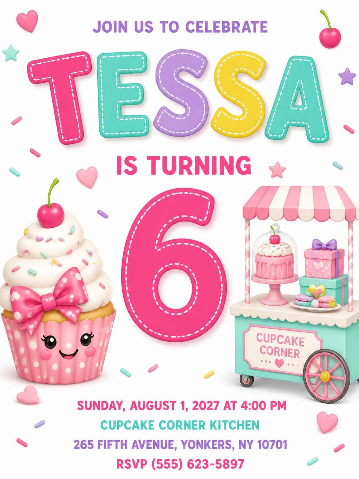 Dessert Stand Stitched 6th Birthday Invitation