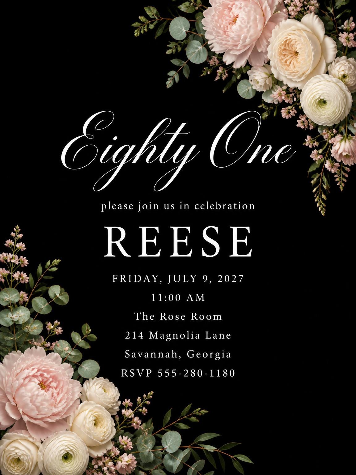 Black Floral 81st Birthday Invitation