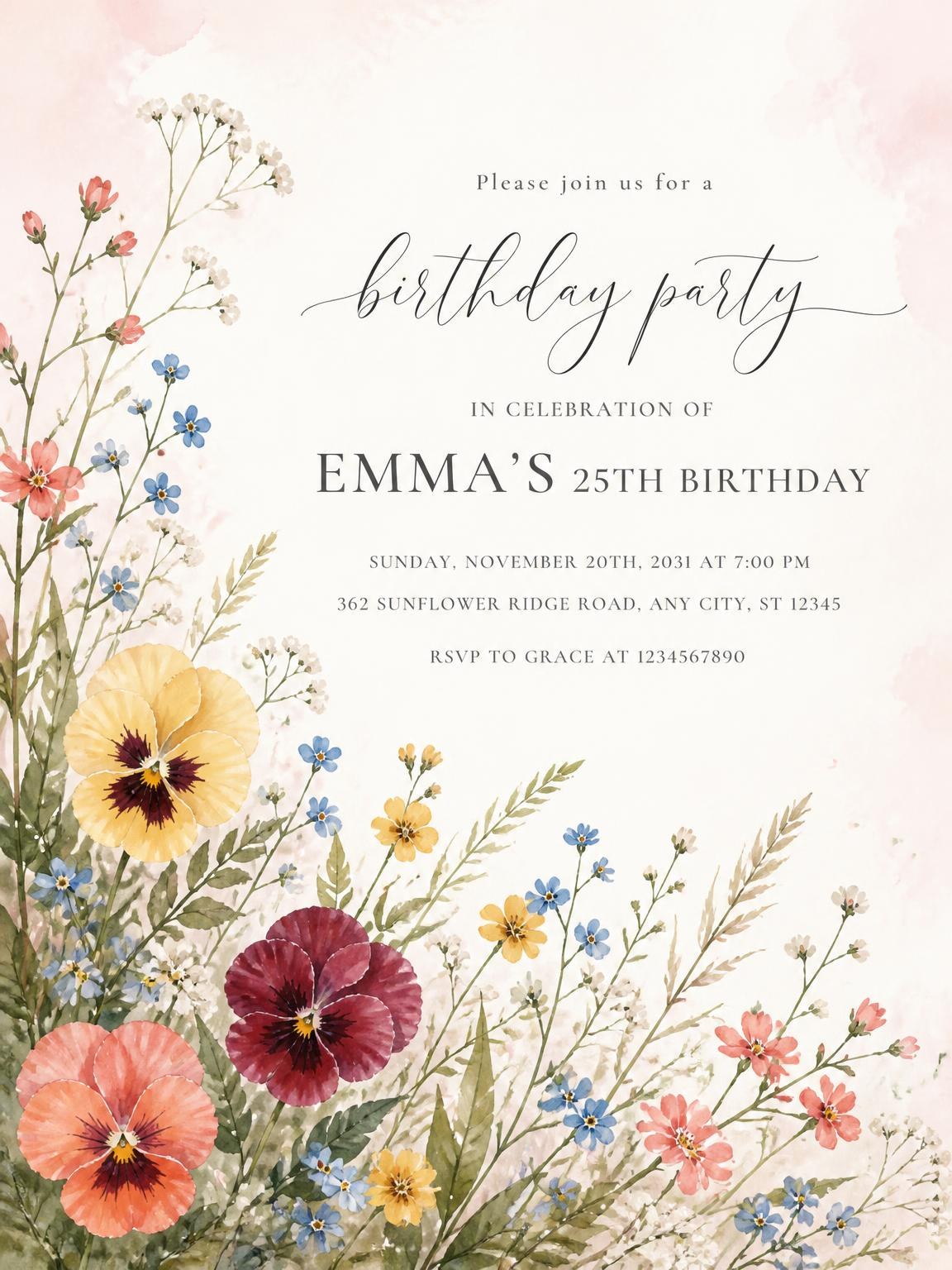 Wildflower Meadow Golden 25th Birthday Invitation