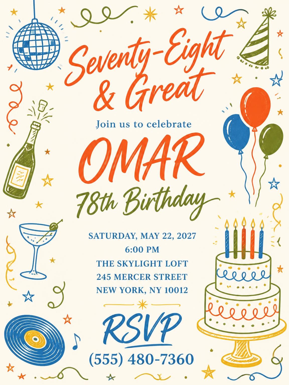 Retro Doodle 78th Birthday Invitation