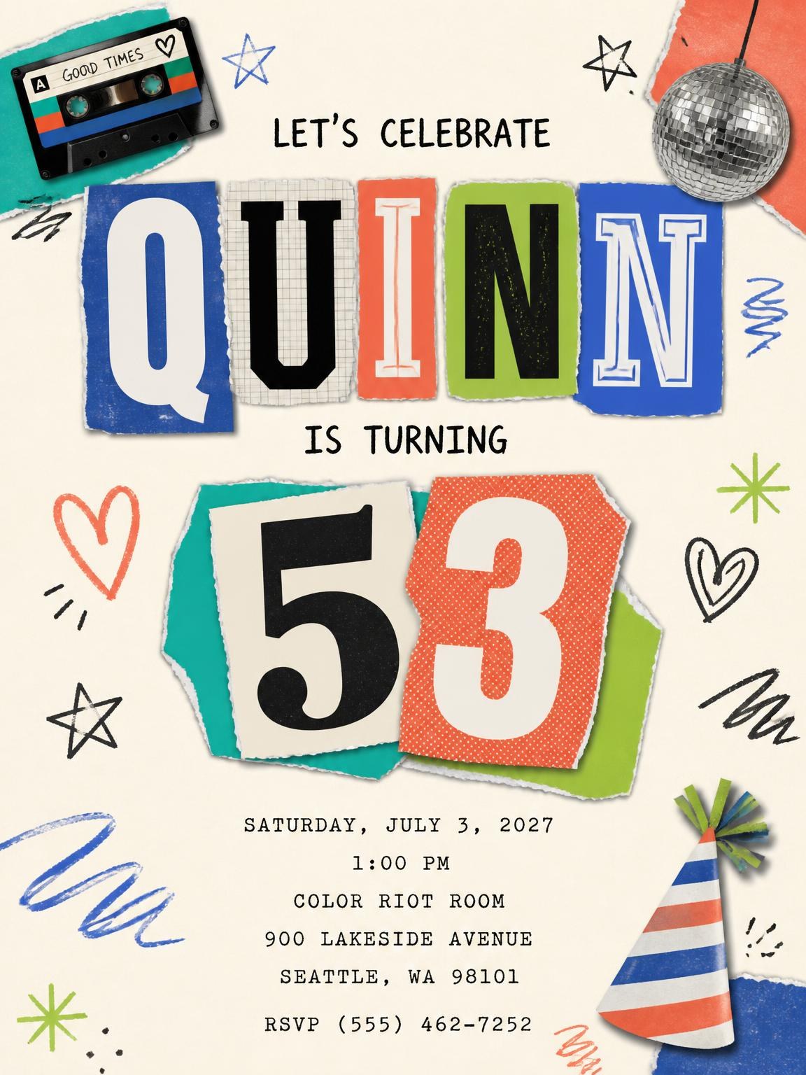 Retro Paper Collage 53rd Birthday Invitation