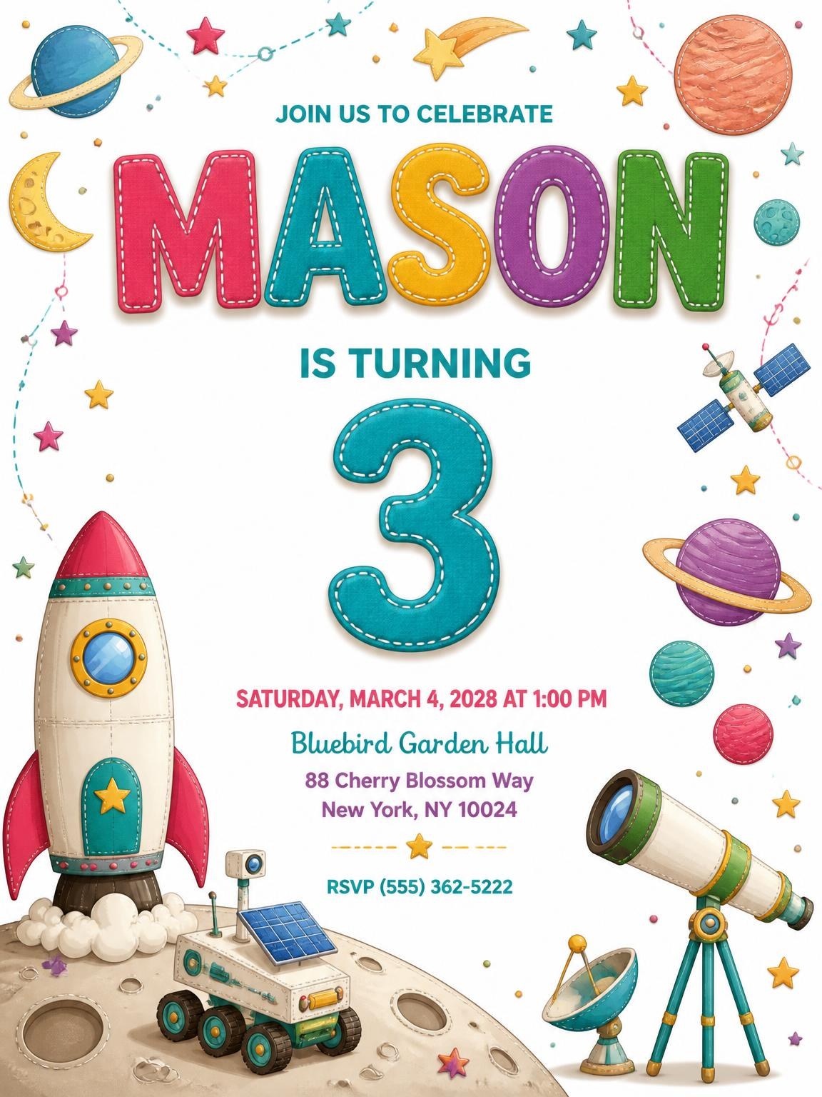 Stitched Space 3rd Birthday Invitation