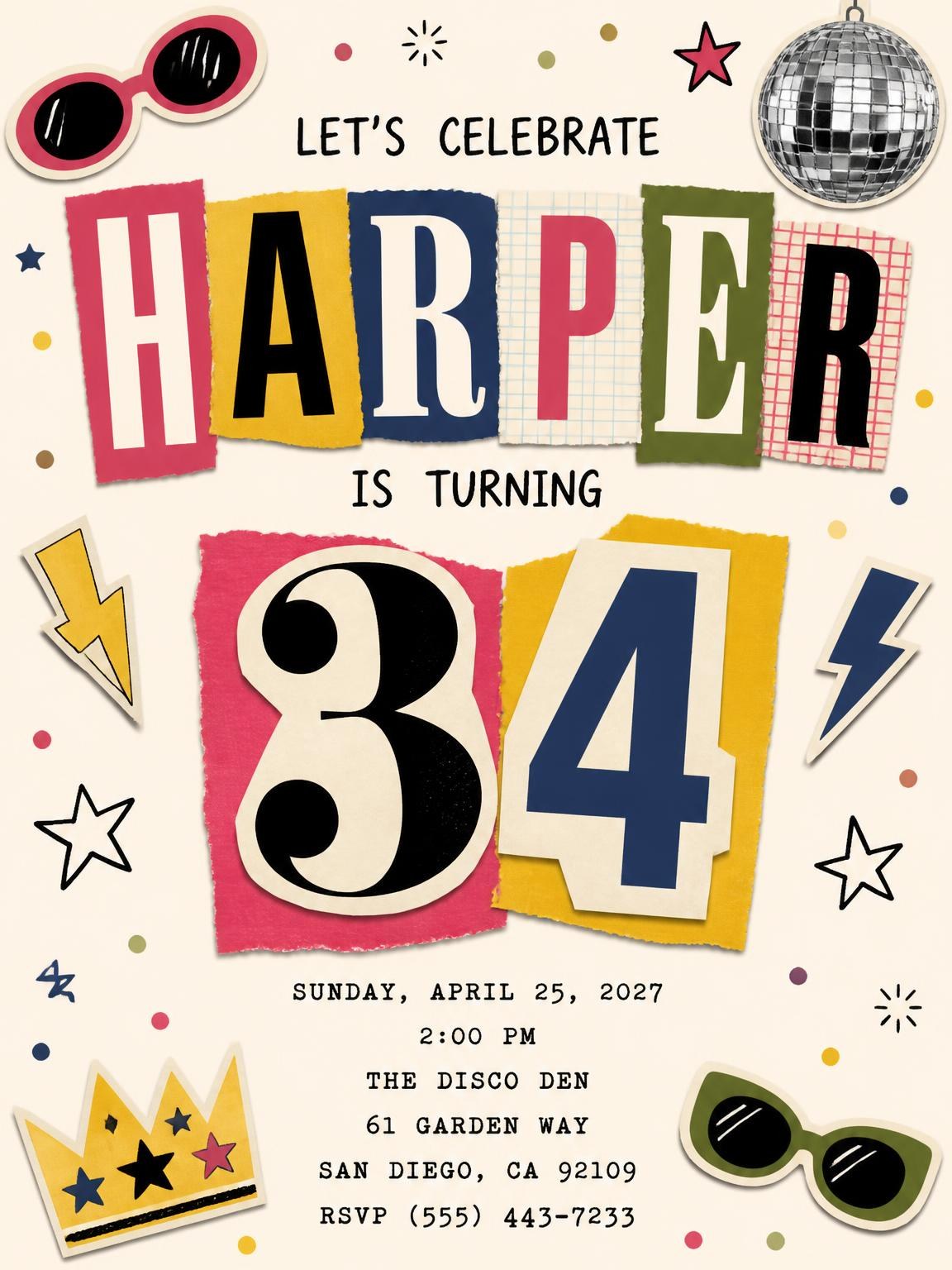 Retro Paper Collage 34th Birthday Invitation
