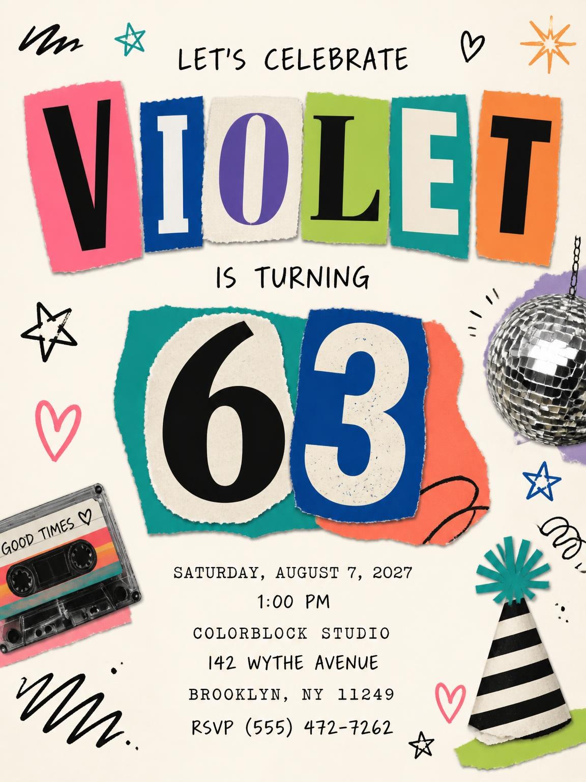 Retro Paper Collage 63rd Birthday Invitation