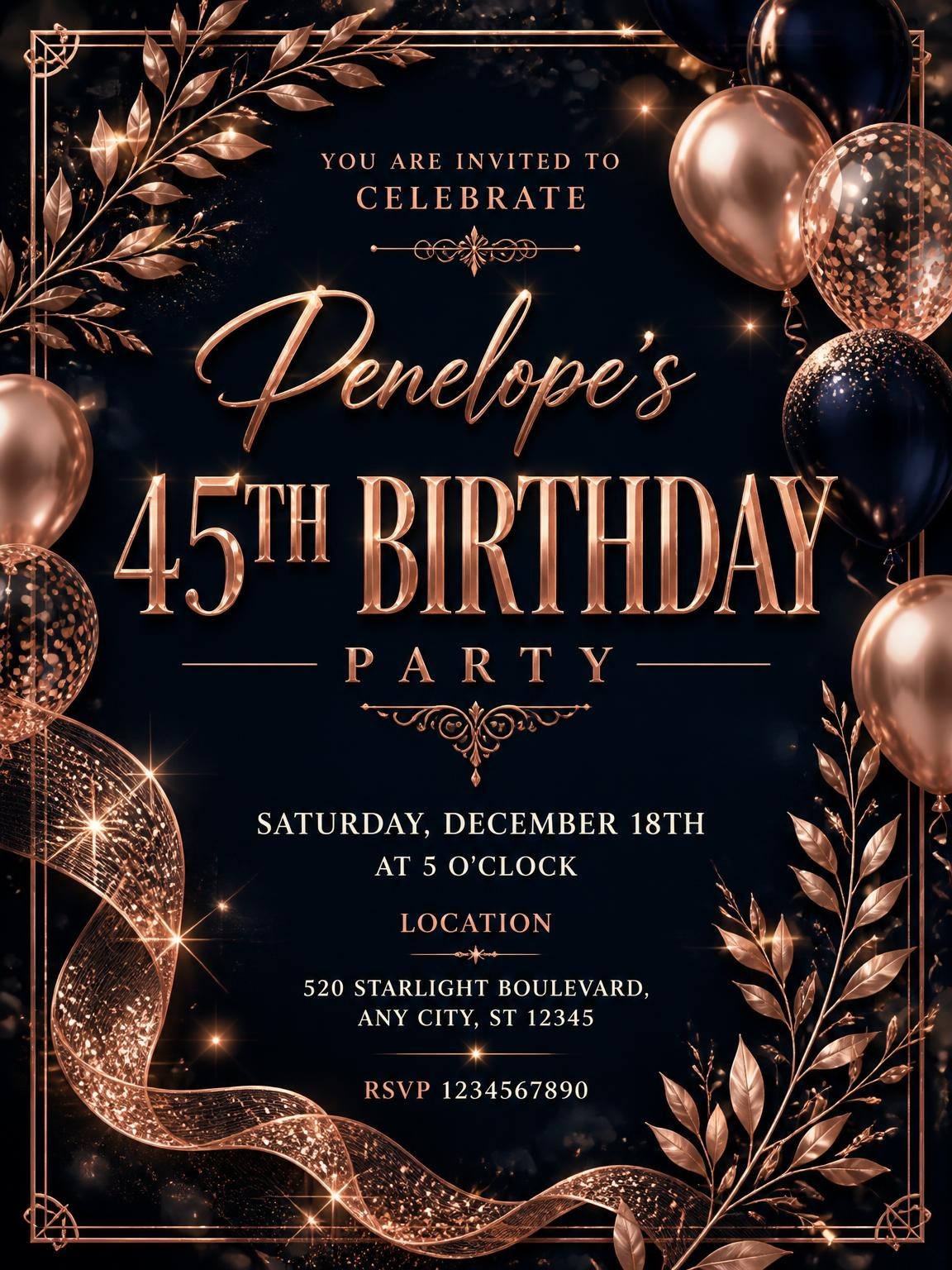 Navy and Rose Gold 45th Birthday Invitation