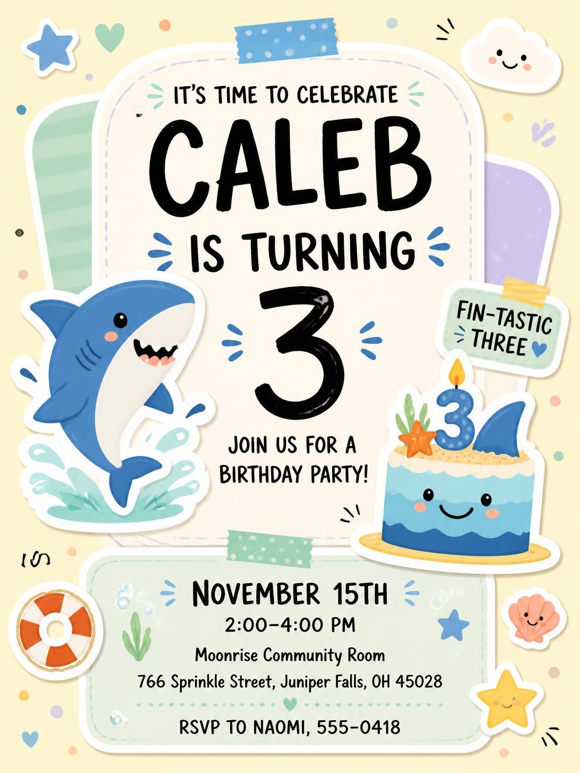 Smiling Shark Pastel 3rd Birthday Invitation