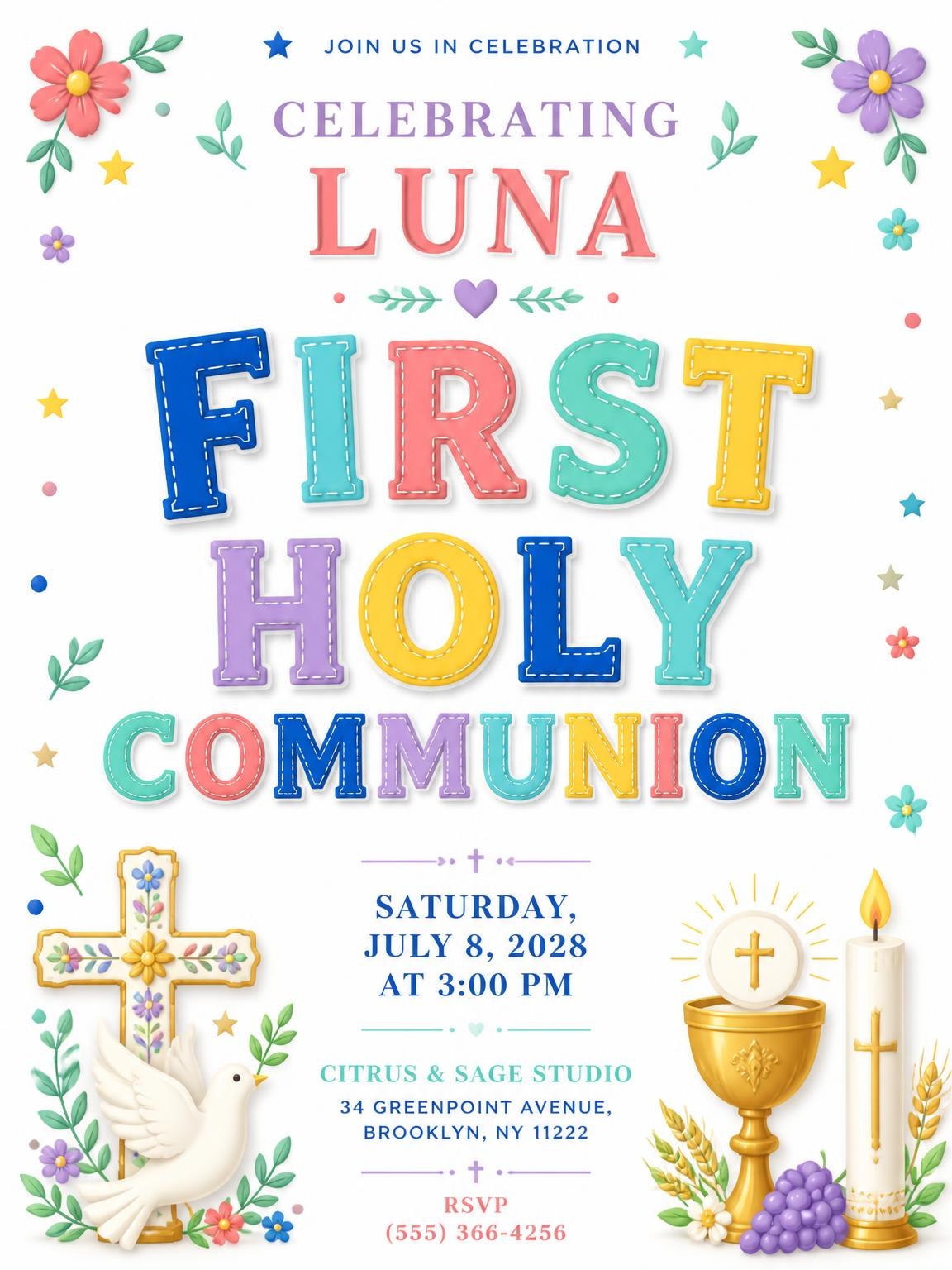 White Dove First Holy Communion Invitation