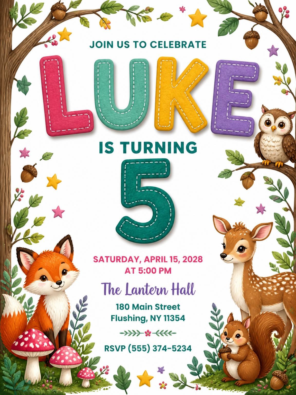 Stitched Woodland 5th Birthday Invitation
