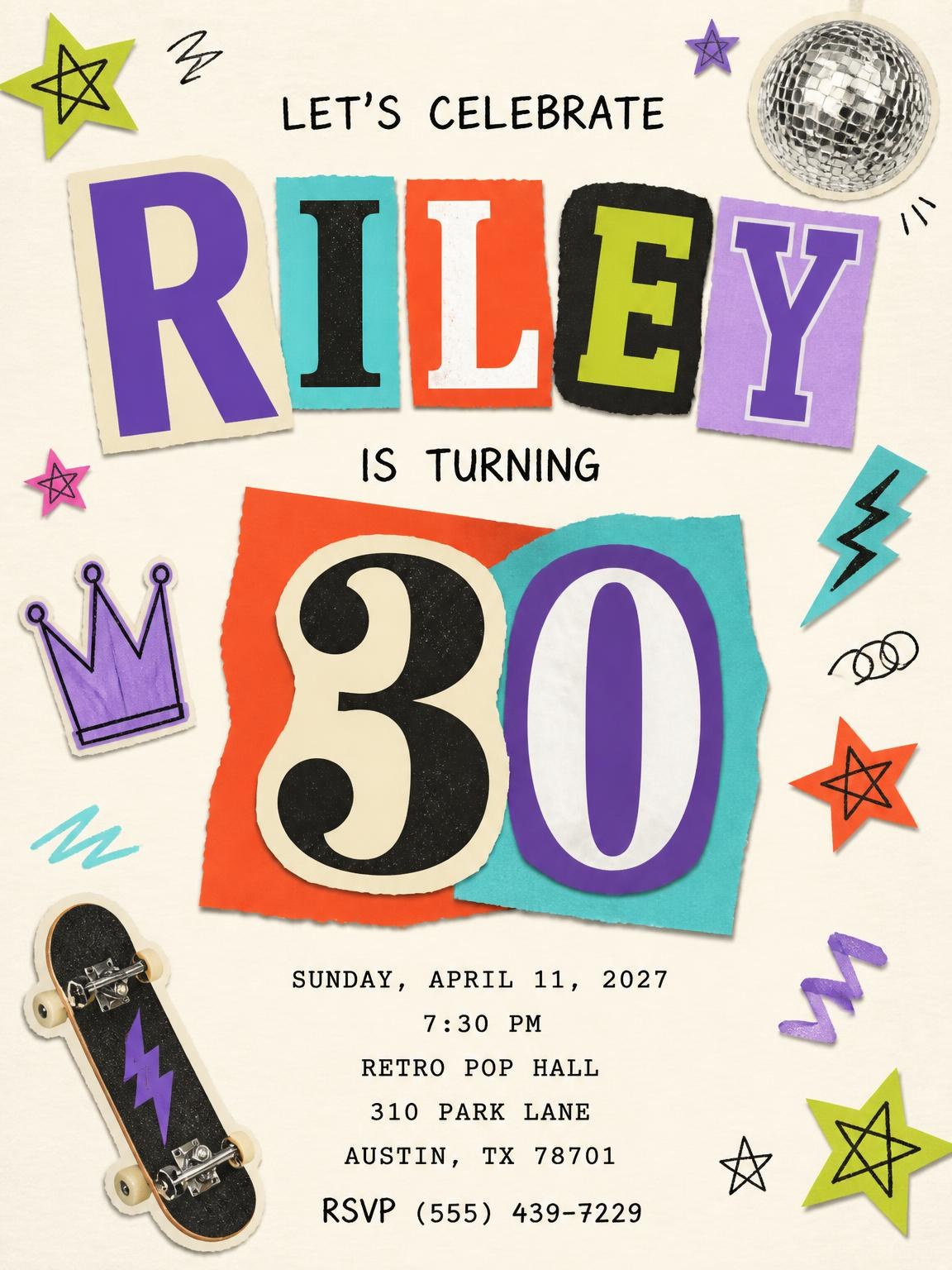 Retro Paper Collage 30th Birthday Invitation
