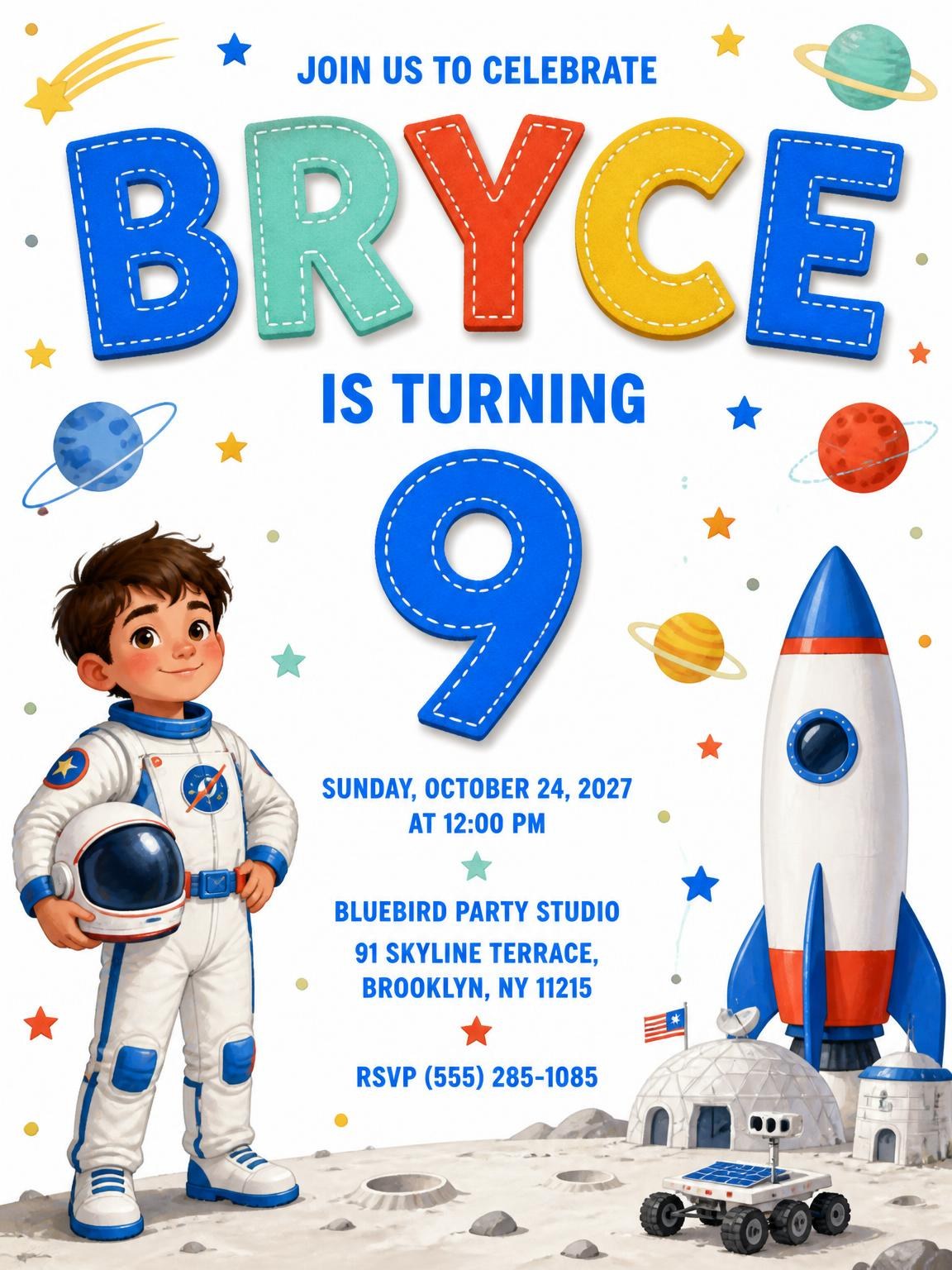Rocket Ship Stitched 9th Birthday Invitation