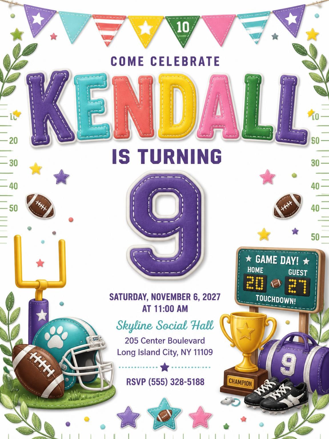Stitched Football 9th Birthday Invitation