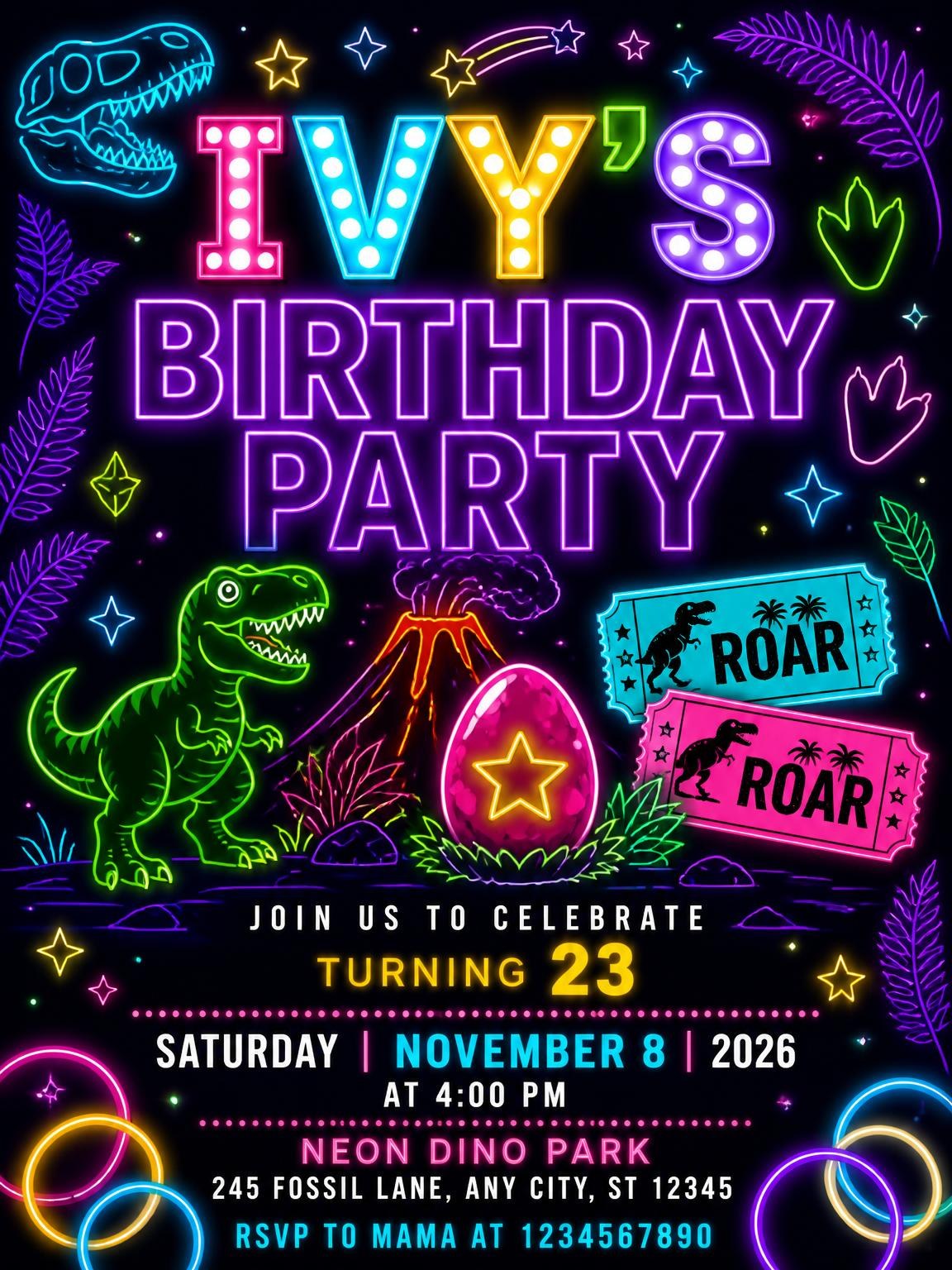 Neon Dinosaur 23rd Birthday Invitation
