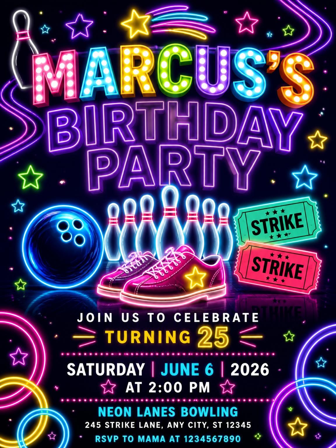 Neon Bowling 25th Birthday Invitation
