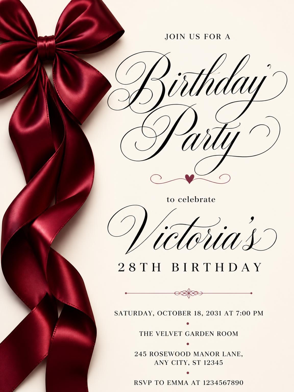 Burgundy Satin Bow 28th Birthday Invitation