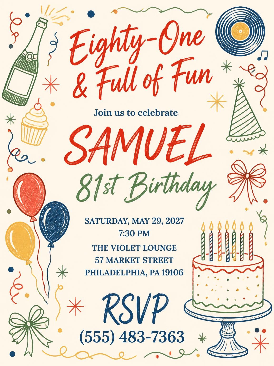 Retro Doodle 81st Birthday Invitation