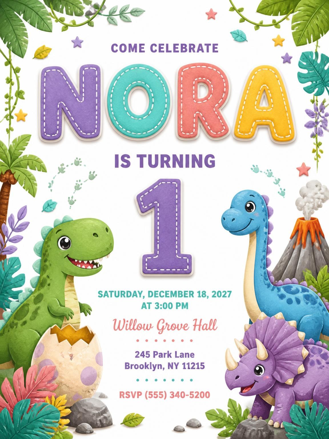 Stitched Dinosaur 1st Birthday Invitation