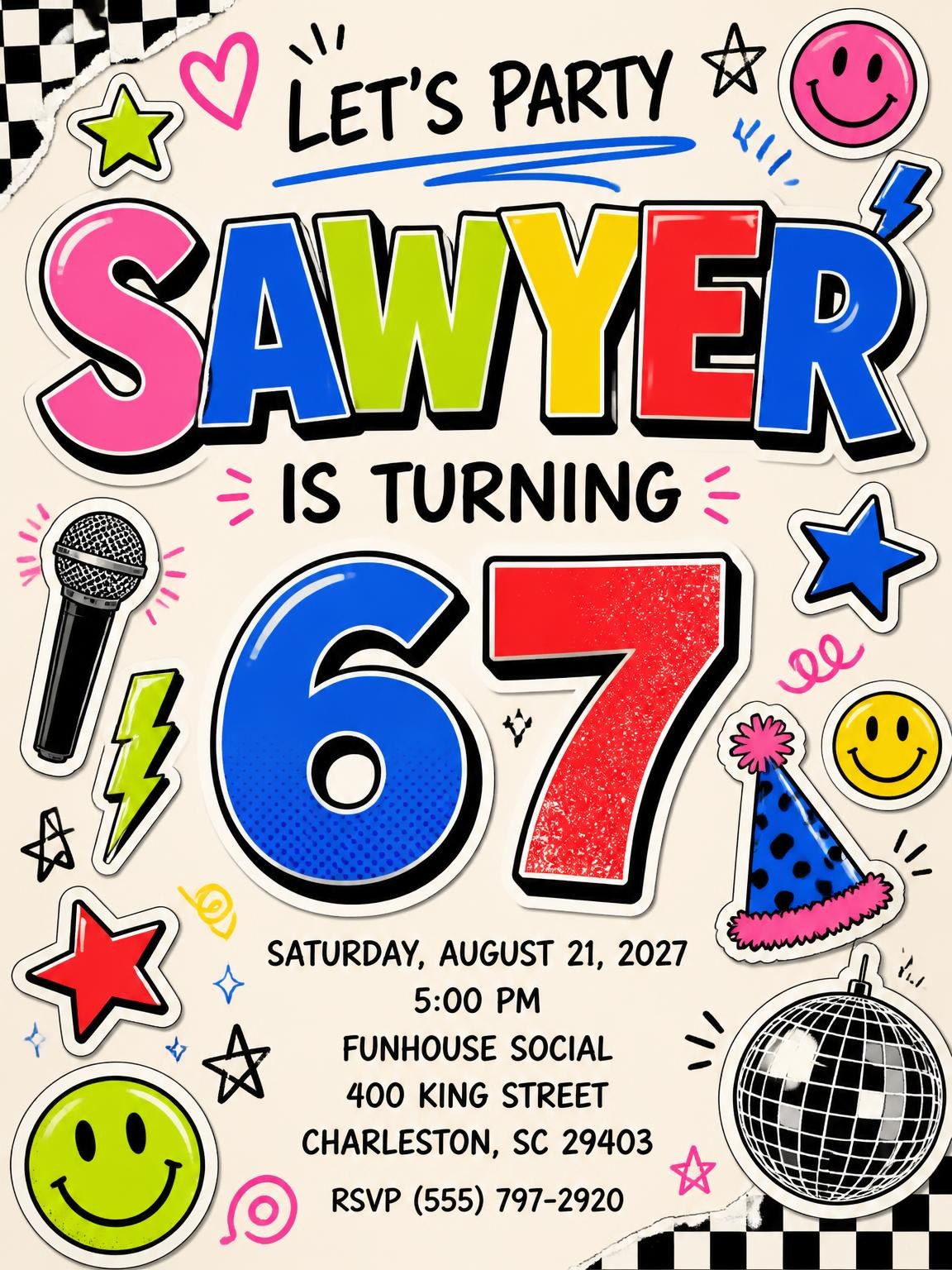 Sticker Pop 67th Birthday Invitation