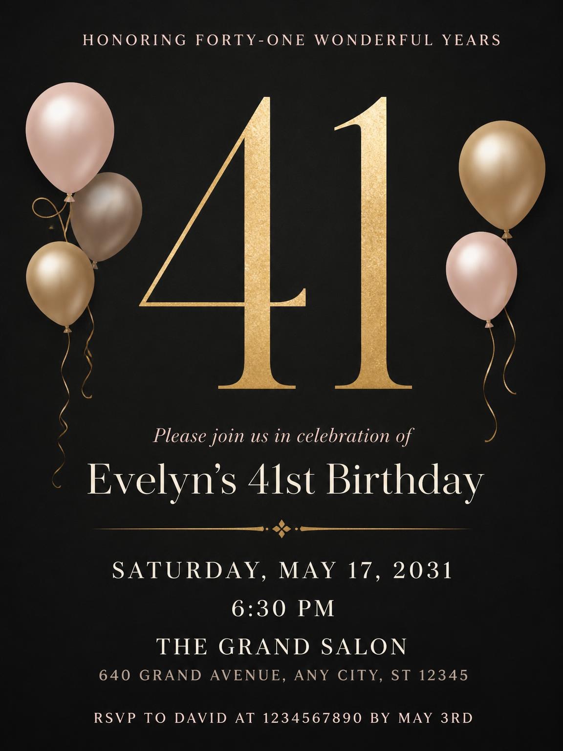 Charcoal and Blush 41st Birthday Invitation