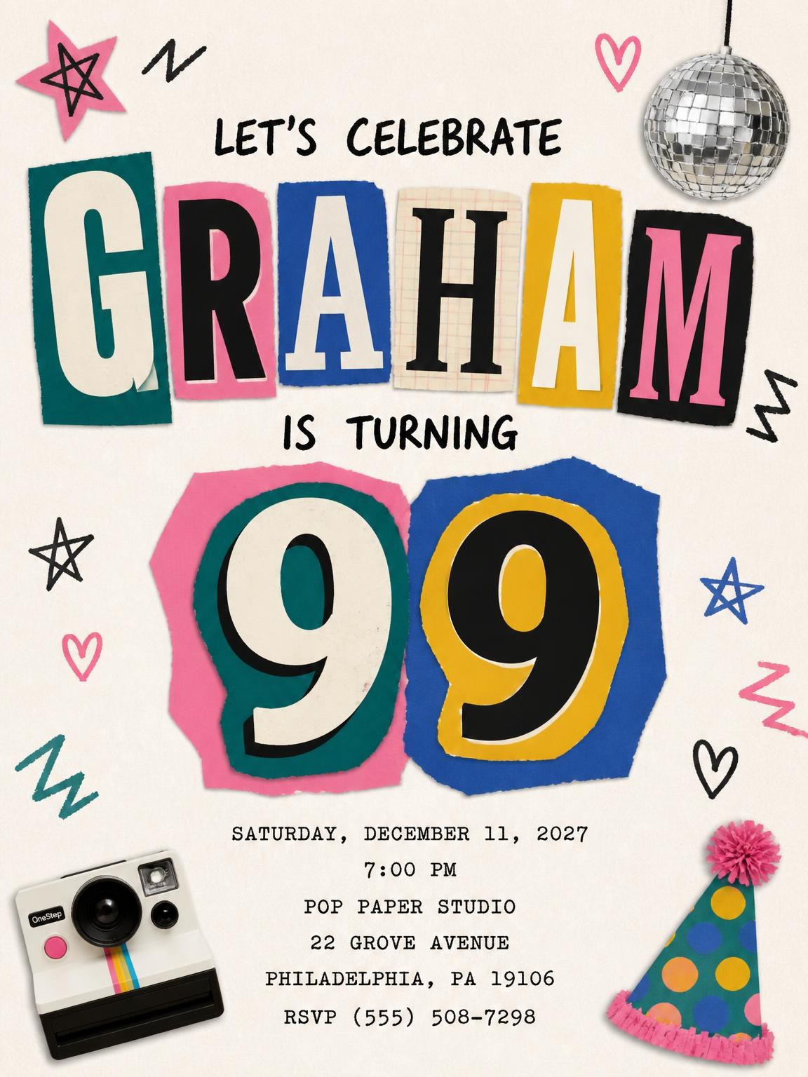 Retro Paper Collage 99th Birthday Invitation