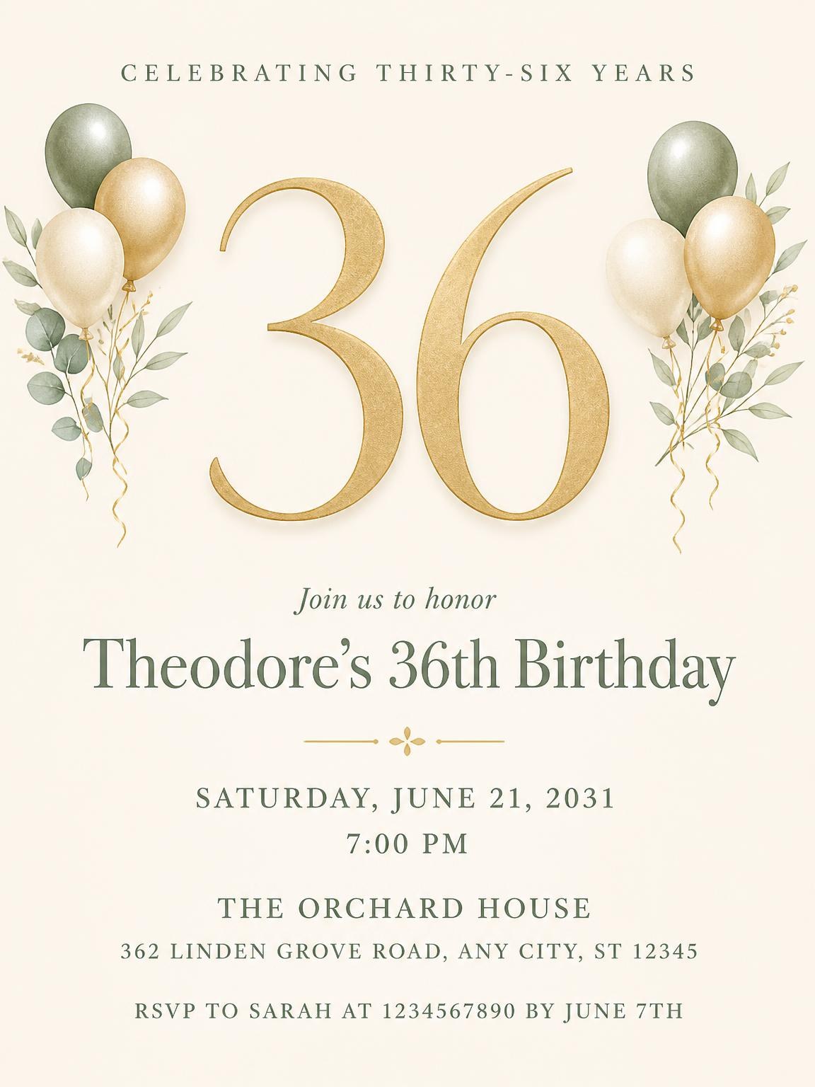 Sage and Ivory 36th Birthday Invitation