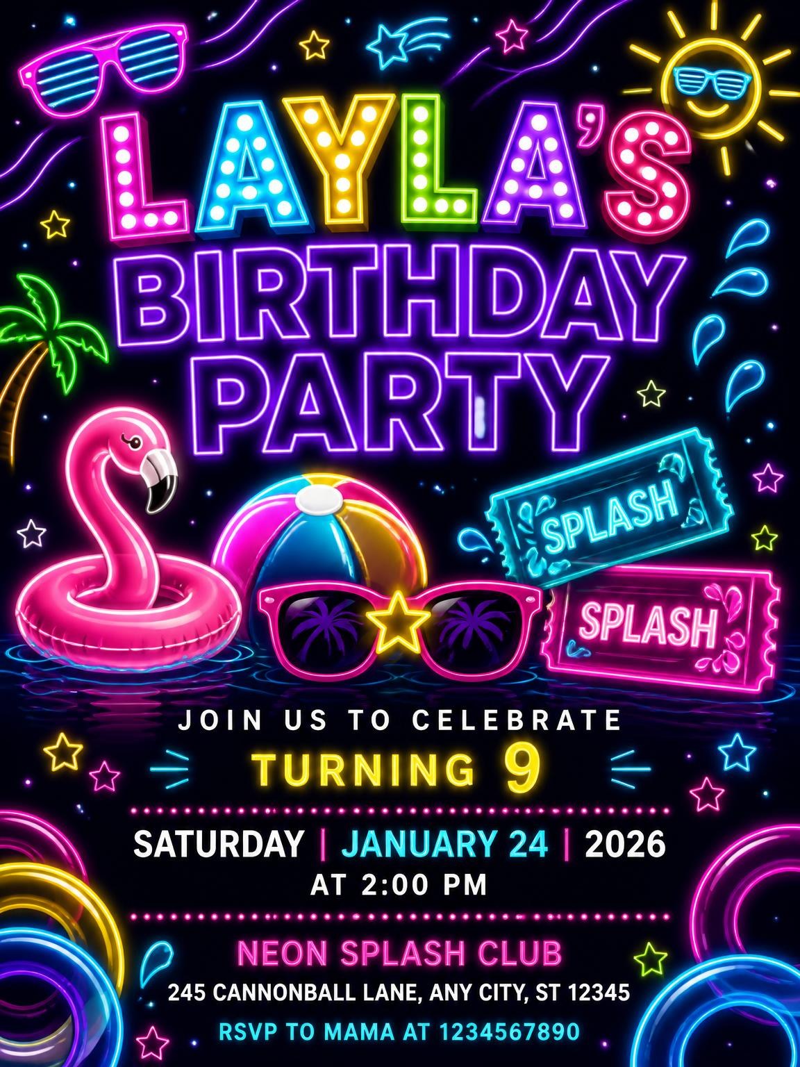 Neon Pool Party 9th Birthday Invitation