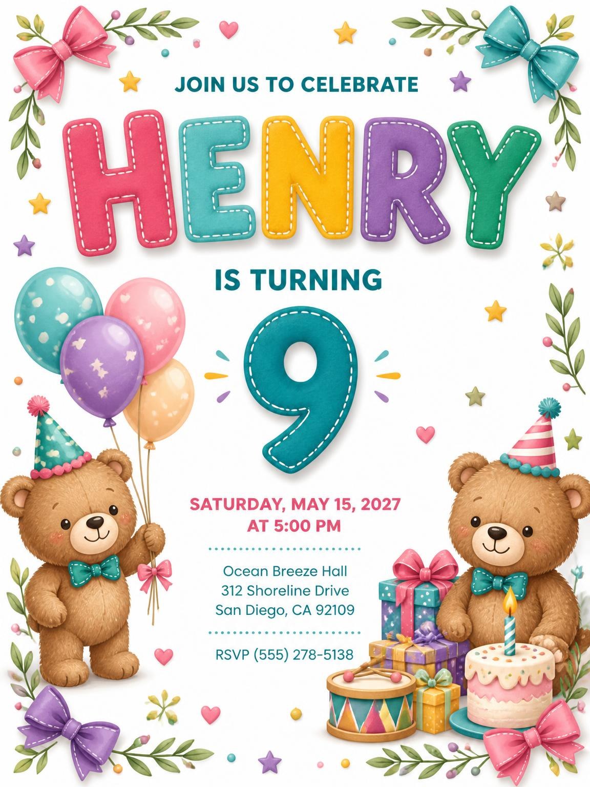 Stitched Teddy Bear 9th Birthday Invitation