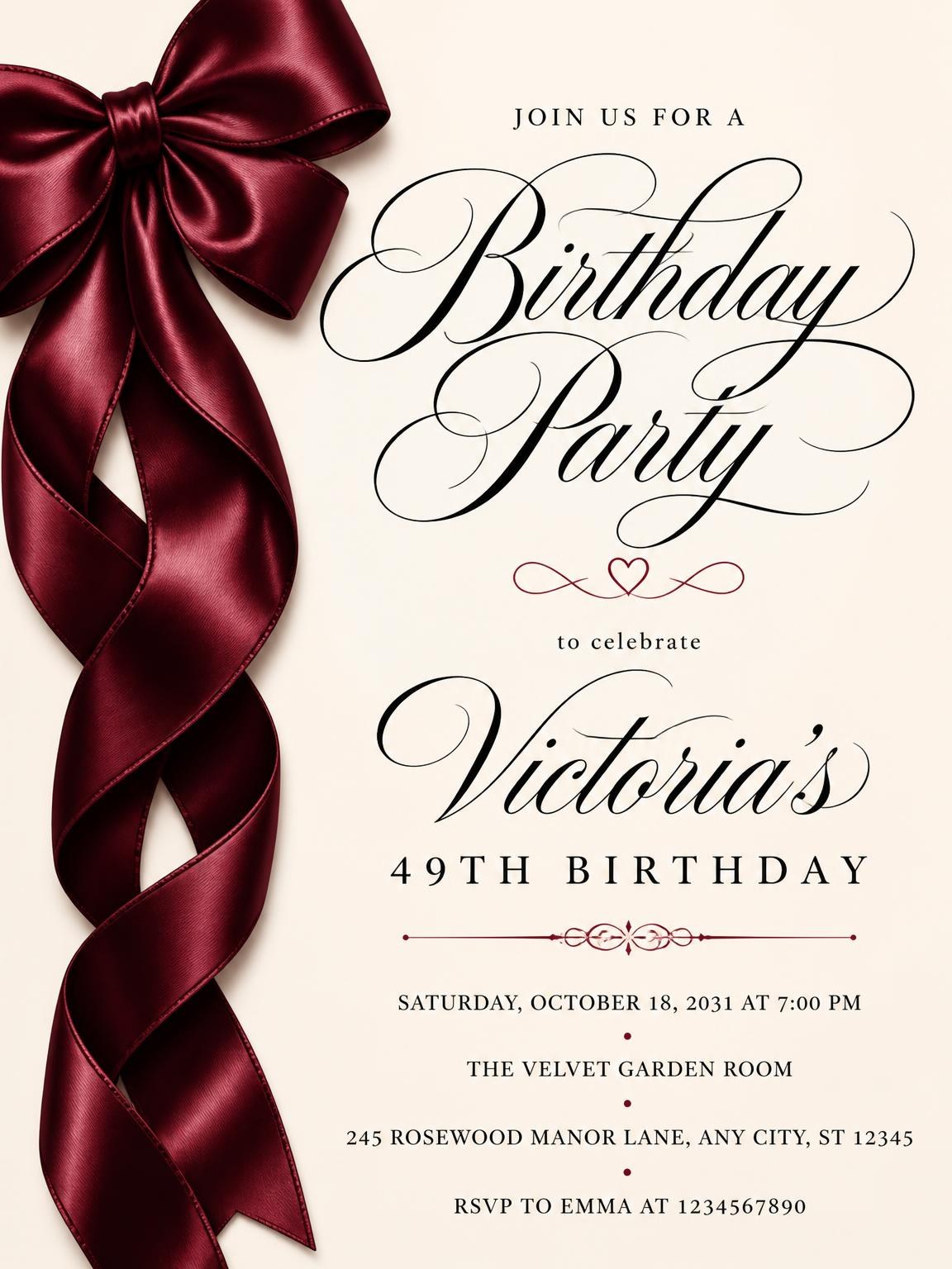 Burgundy Satin Bow 49th Birthday Invitation