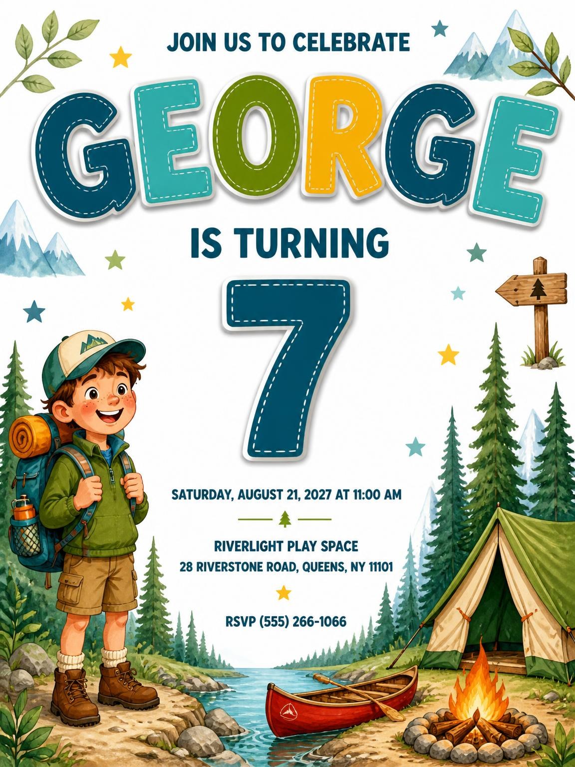 Young Hiker Stitched 7th Birthday Invitation