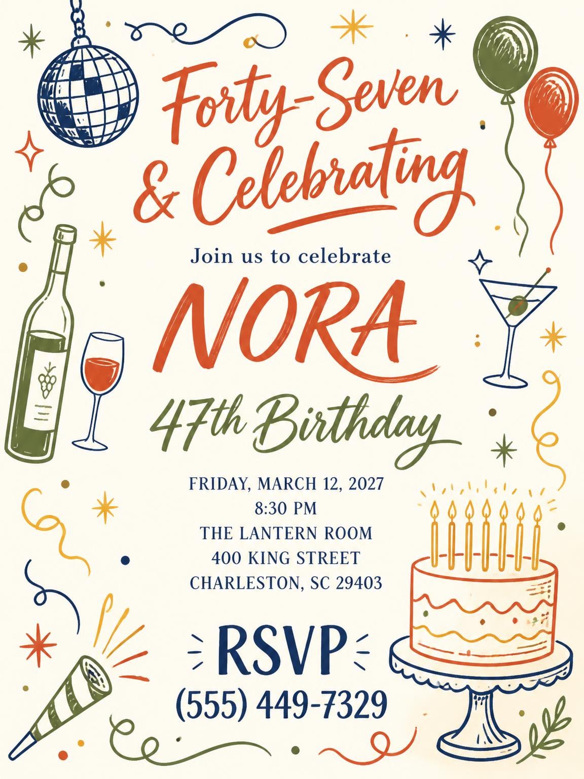 Retro Doodle 47th Birthday Invitation
