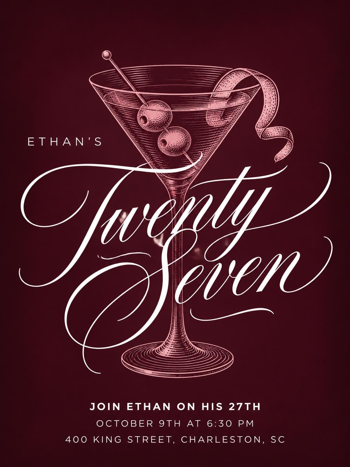 Burgundy Cocktail 27th Birthday Invitation
