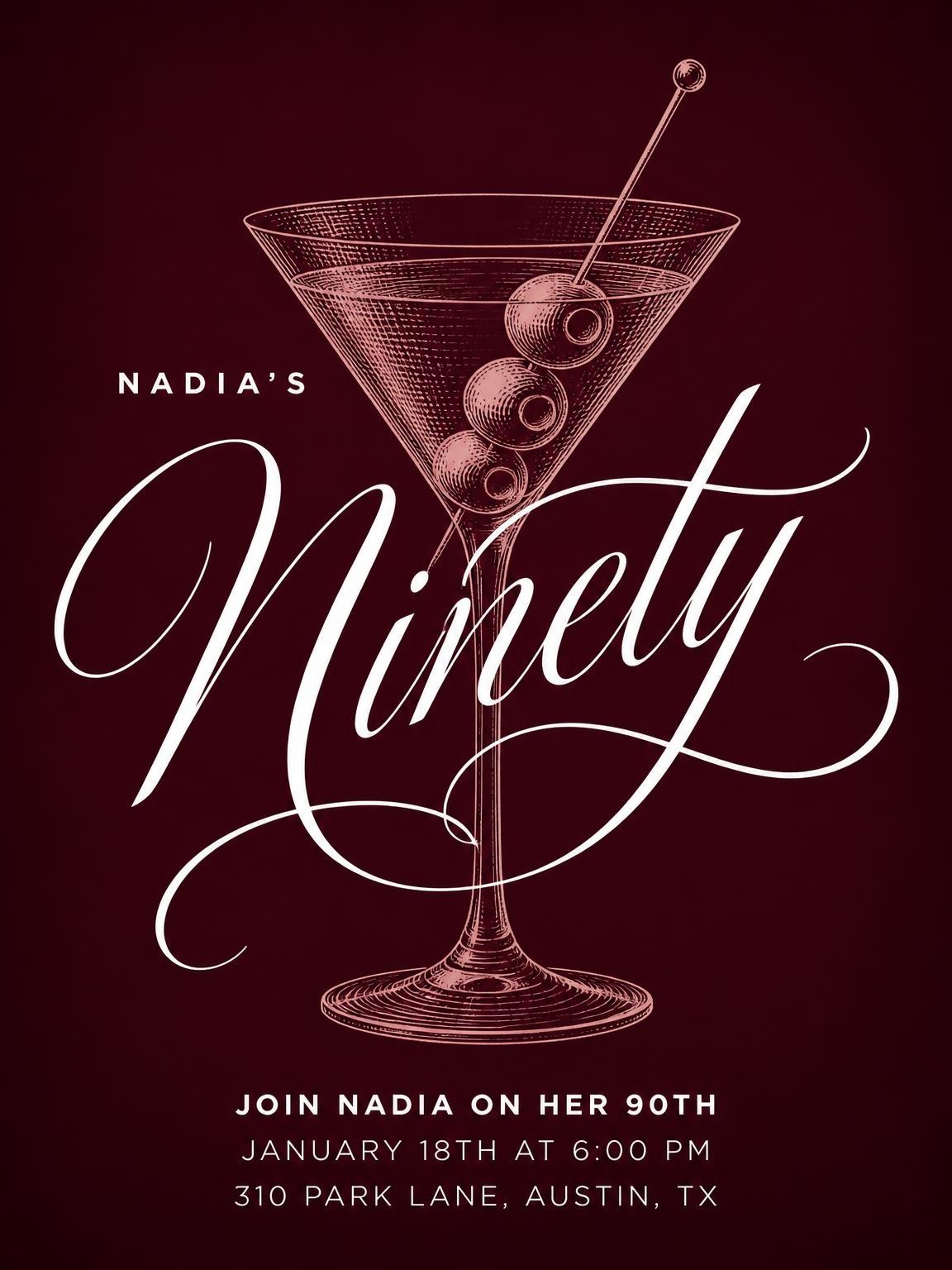 Burgundy Cocktail 90th Birthday Invitation