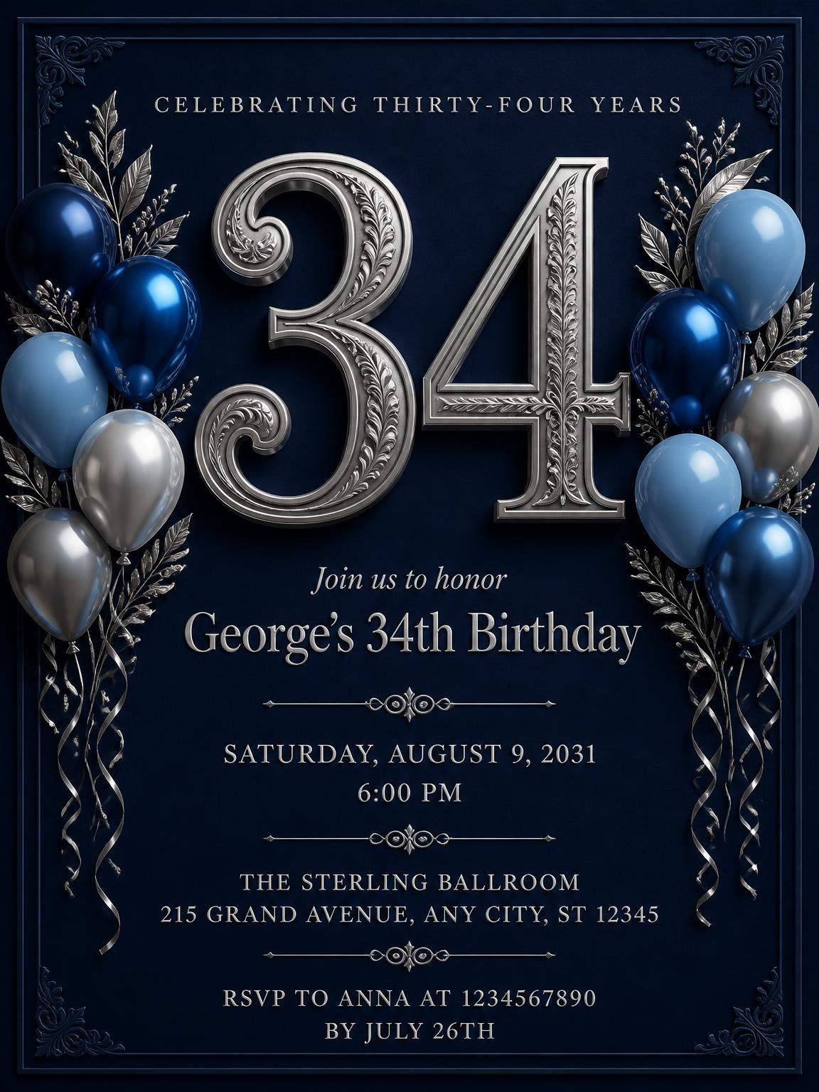 Navy and Silver 34th Birthday Invitation