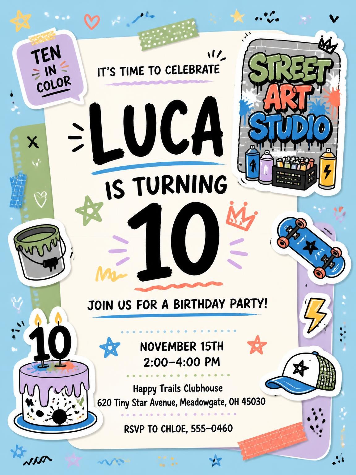 Pastel Street Art 10th Birthday Invitation