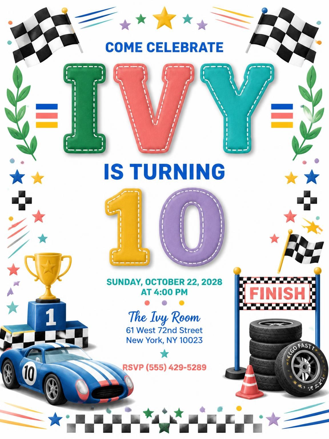 Stitched Race Car 10th Birthday Invitation