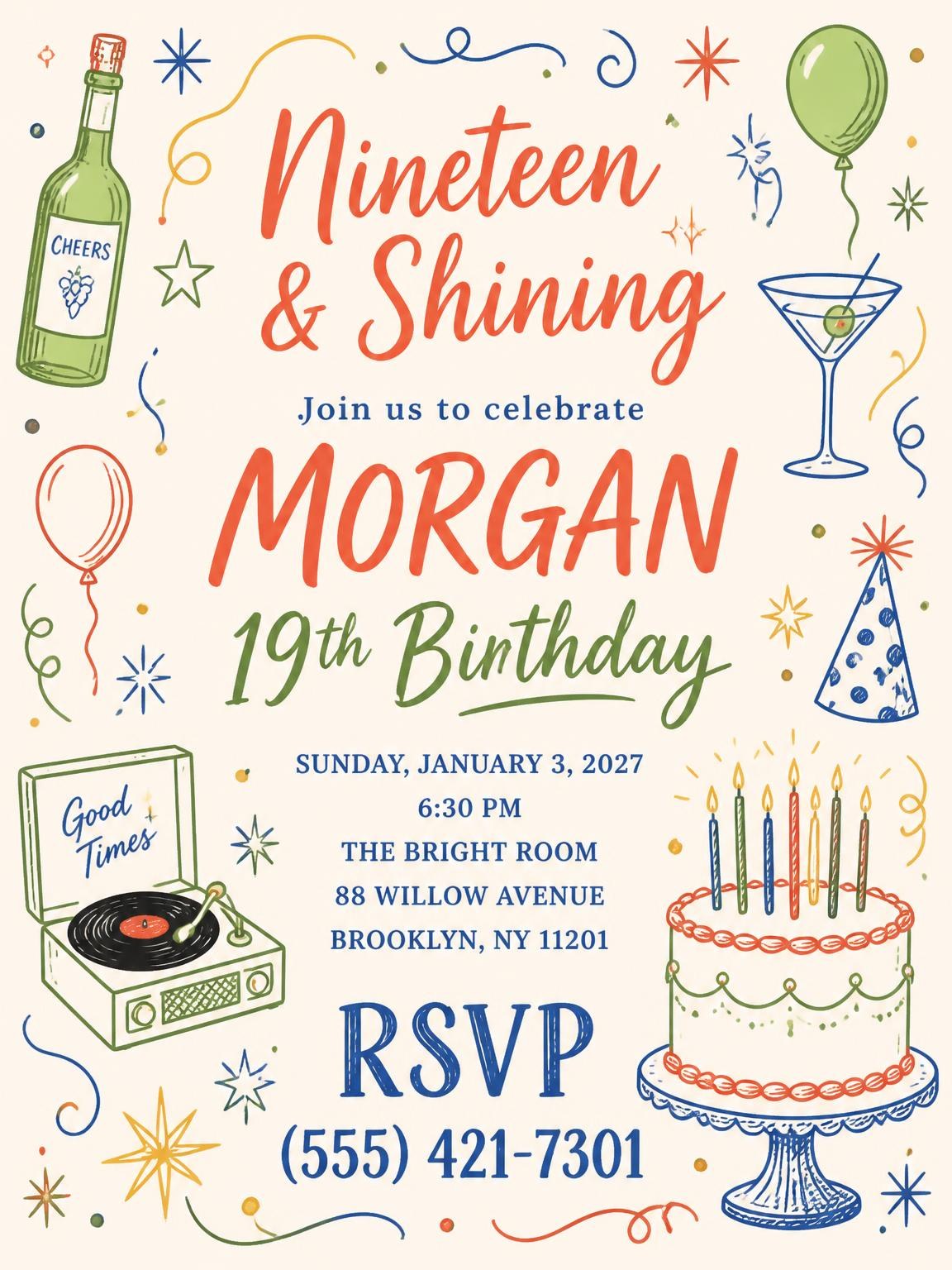 Retro Doodle 19th Birthday Invitation