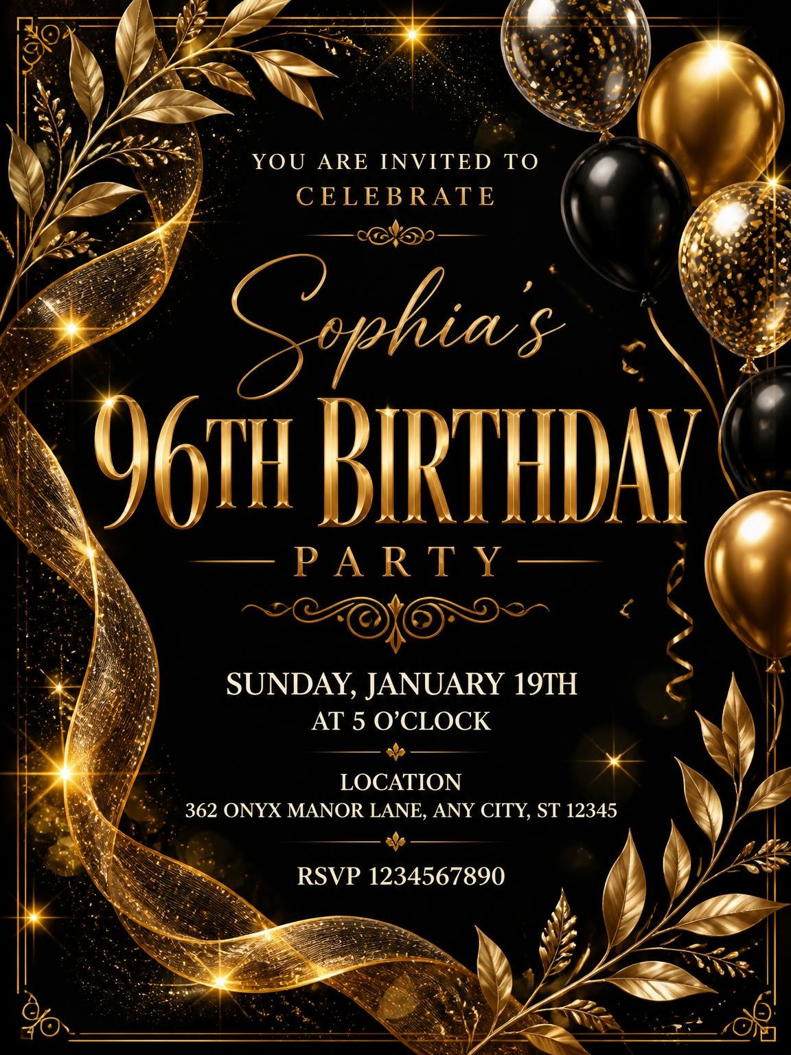 Black and Gold 96th Birthday Invitation