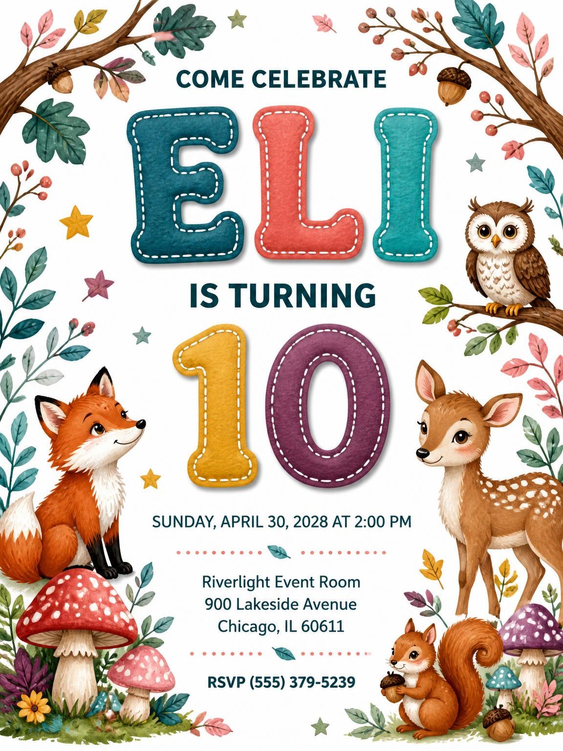 Stitched Woodland 10th Birthday Invitation