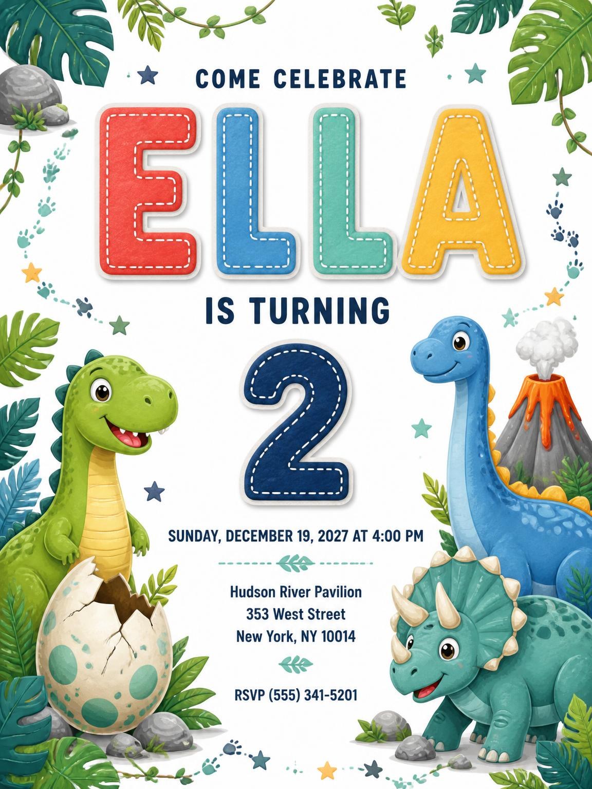 Stitched Dinosaur 2nd Birthday Invitation