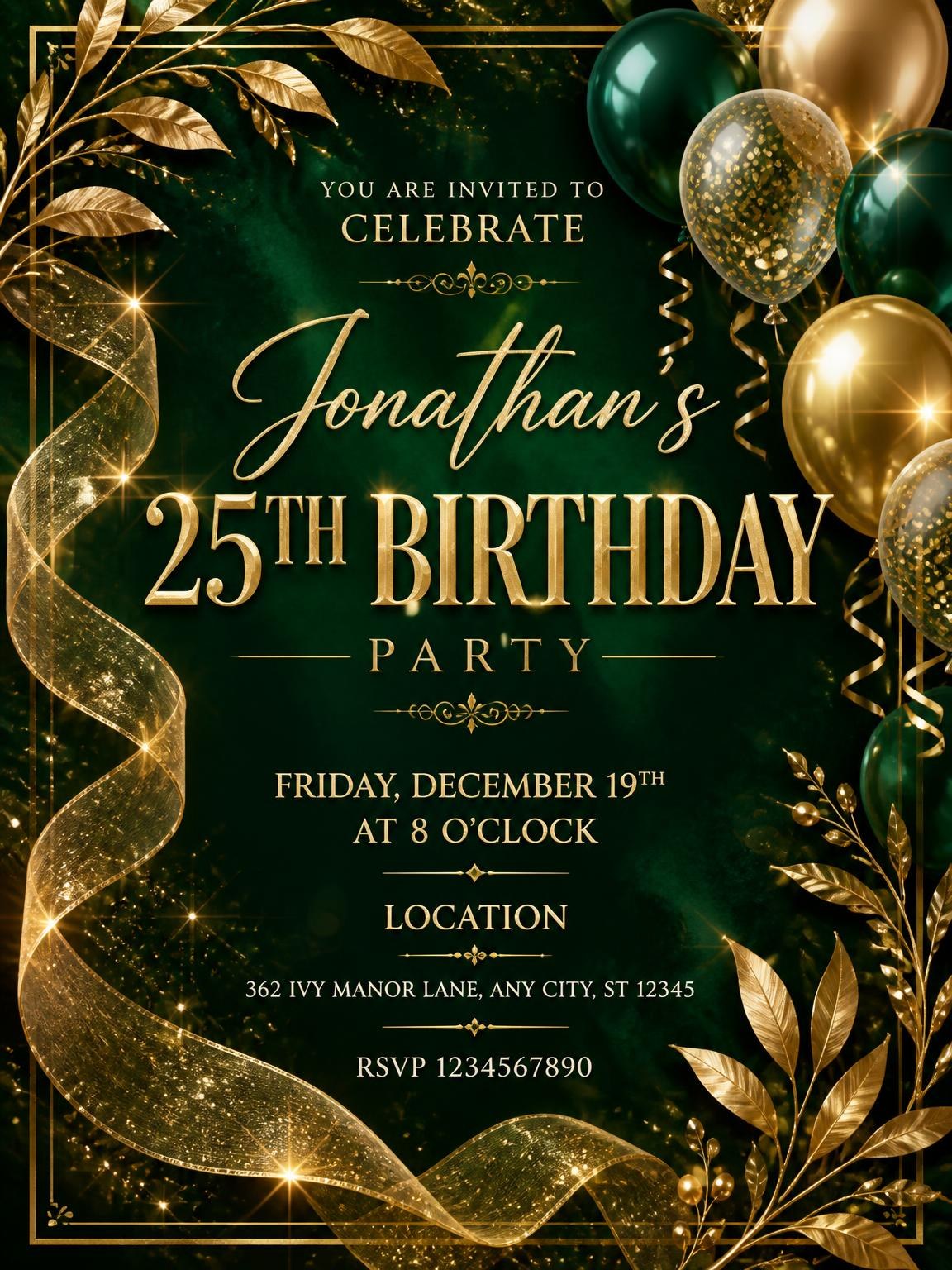 Emerald and Champagne 25th Birthday Invitation