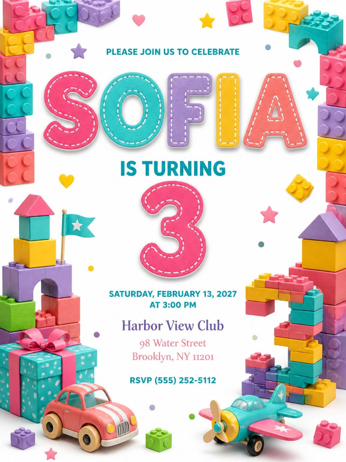 Stitched Toy Blocks 3rd Birthday Invitation