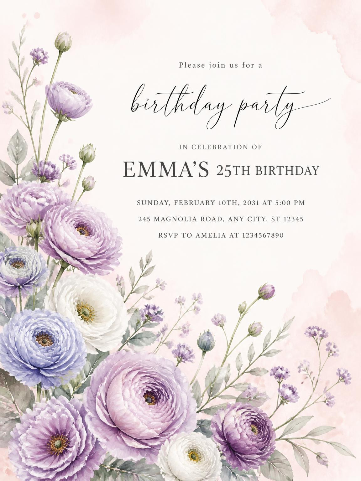 Botanical Bouquet Lavender 25th Birthday Invitation