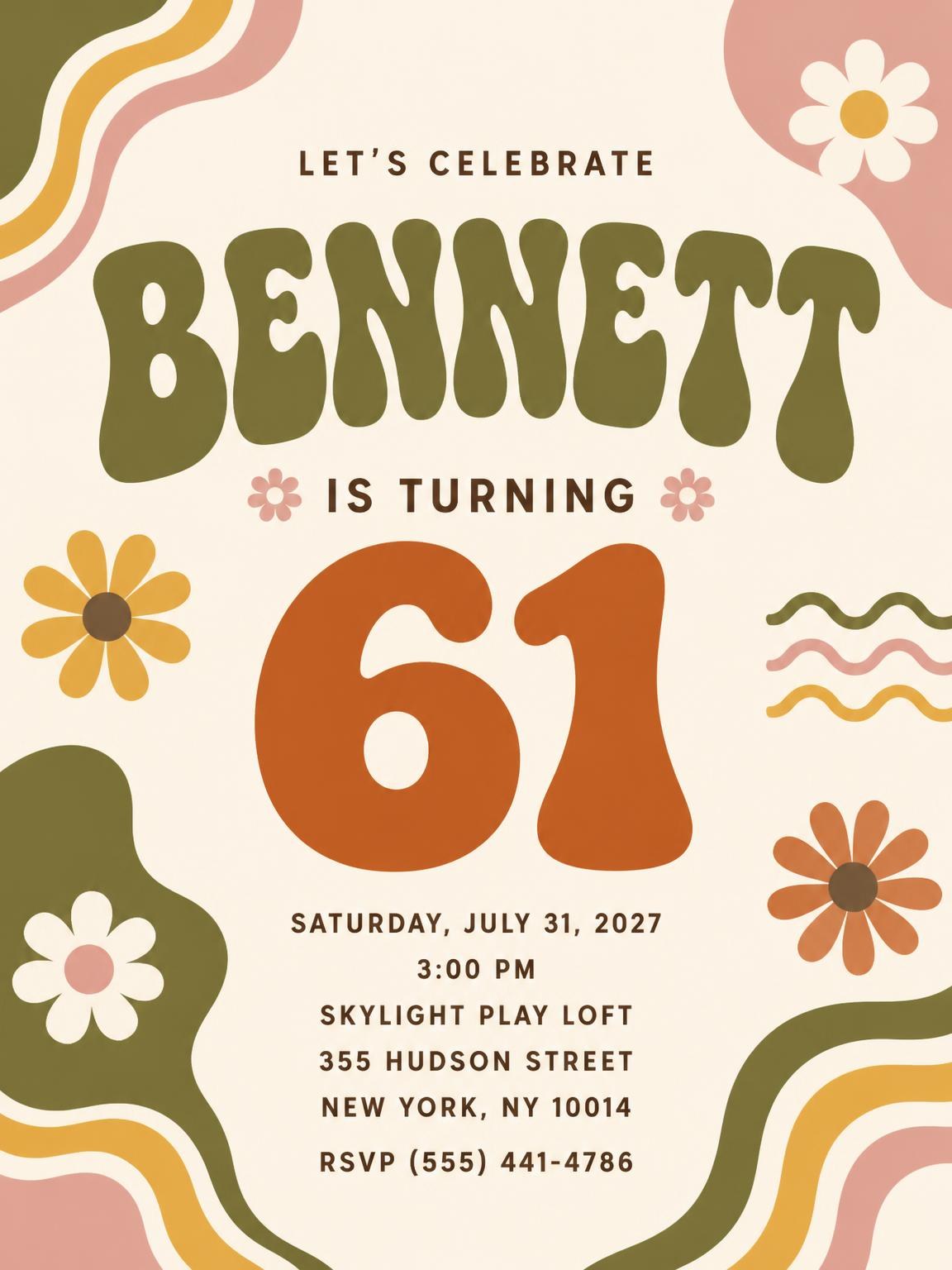 Groovy Retro 61st Birthday Invitation